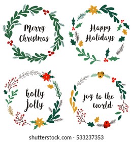 Collection of hand drawn Christmas wreaths with fir branches, red berries, leaves and other elements. Round frame for winter design such as Christmas card, poster, invitation, banner. Vector