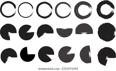 Colección de segmentos y arcos circulares dibujados a mano, Formas de tinta redondas incompletas y garabatos lunares para decoración.