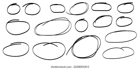 Colección de círculos dibujados a mano en varios tamaños y estilos sobre fondo blanco aislado, Vector, ilustración