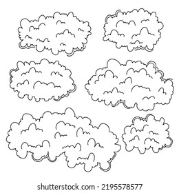 Collection of hand drawn clouds in doodle style. Hand draw weather icons set. Vector illustration isolated on white background.