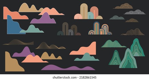 Collection of hand drawn clouds and mountains. Chinese and Japanese vector illustrations. Oriental decorations and elements