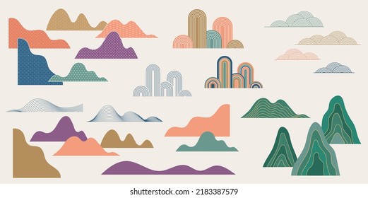 Collection of hand drawn clouds and mountains. Chinese and Japanese vector illustrations. Oriental decorations and elements - Shutterstock ID 2183387579