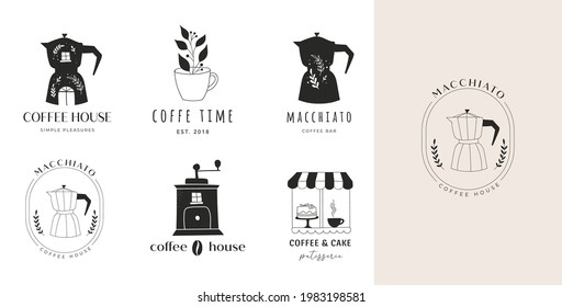 Colección de cafés dibujados a mano, cafés, cafés, logos con olla de Moka, molino de frijol y taza 