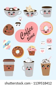 Collection Hand Drawn Coffee Time Kawaii Stock Vector (Royalty Free ...