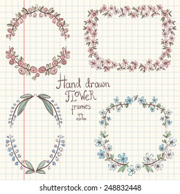 Collection of hand drawn color floral frames for wedding design on notebook sheet
