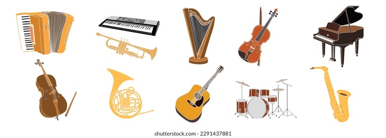 Collection of hand drawn color musical instruments. Accordion, trumpet, Harp, violin, piano, Cello, drum, guitar, saxophone. Vector illustration.