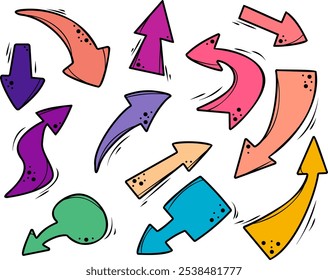 A collection of hand drawn colorful arrows pointing in various directions, perfect for design and illustration projects.