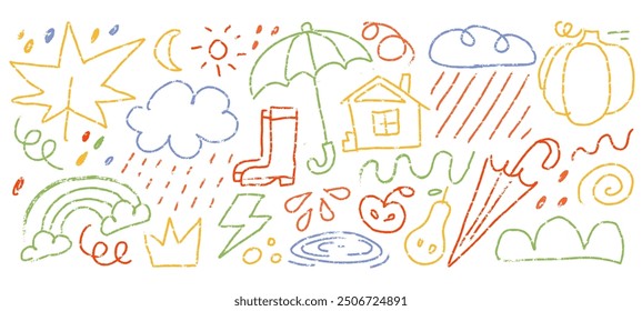 Sammlung von handgezeichneten bunten Herbst Holzkohle Doodle Formen und Schnörkel im kindlichen Stil. Naive Bleistiftzeichnungen einzeln auf Weiß. Regenschirm, Wolke, Blätter, Kürbis-Doodle-Collage-Elemente.