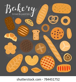 Collection of hand drawn colorful baking bread, bagel, buns and pastries isolated on chalkboard background.