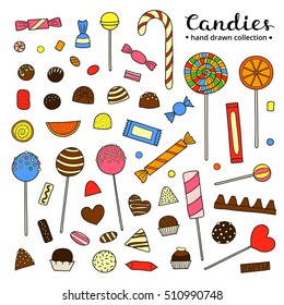 Collection of hand drawn colorful candies including chocolate, jelly, lolly, fruit isolated on white background.