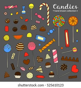 Collection of hand drawn colorful candies including chocolate, jelly, lolly, fruit isolated on chalkboard background.