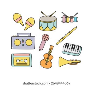 Collection of Hand Drawn Colorful Cartoon Musical Instruments with Outline