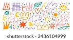 Collection of hand drawn colorful charcoal doodle shapes and squiggles in childish girly style. Pencil drawings isolated on white. Crown, stars, flower, heart and grid doodle collage elements.