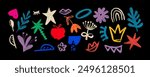 Collection of hand drawn colorful charcoal doodle shapes and squiggles in childish girly style. Pencil drawings isolated on black. Crown, stars, flower, heart and rainbow doodle collage elements.