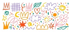 Collection Of Hand Drawn Colorful Charcoal Doodle Shapes And Squiggles In Childish Girly Style. Pencil Drawings Isolated On White. Crown, Stars, Flower, Heart And Grid Doodle Collage Elements.