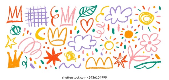 Collection of hand drawn colorful charcoal doodle shapes and squiggles in childish girly style. Pencil drawings isolated on white. Crown, stars, flower, heart and grid doodle collage elements.