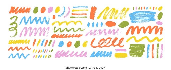 Collection of hand drawn colorful charcoal doodle shapes and squiggles. Strike through, underlines and doodle shapes for hand drawn diagrams and notes. Sketchy brush lines and strokes, circles.