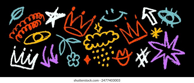 Collection of hand drawn colorful charcoal doodle shapes and squiggles in childish girly style. Pencil drawings isolated on black. Crowns, stars, flower, eye, cloud  and arrows doodle collage elements