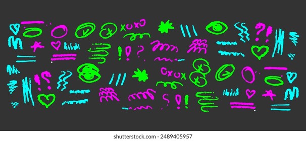 Collection of hand drawn colorful charcoal doodle shapes and squiggles, scribbles. Pencil drawings isolated on white. Crown, stars, heart and arrows doodle collage elements.