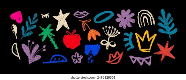 Collection of hand drawn colorful charcoal doodle shapes and squiggles in childish girly style. Pencil drawings isolated on black. Crown, stars, flower, heart and rainbow doodle collage elements.