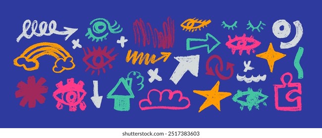 Collection of hand drawn colorful charcoal doodle shapes and squiggles in childish girly style. Pencil drawings isolated on white. Eyes, stars, arrows, rainbow and cloud doodle collage elements.