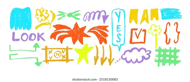 Collection of hand drawn colorful charcoal doodle shapes and squiggles in childish girly style. Pencil drawings isolated on white. Speech bublle, arrows, flower,  and grid doodle collage elements. 