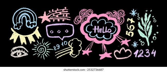 Collection of hand drawn colorful charcoal doodle shapes and squiggles in childish girly style. Pencil drawings isolated on black. Eye, stars, arrows, rainbow and cloud doodle collage elements.