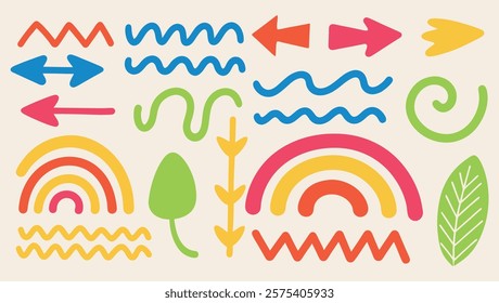 Collection of hand drawn colorful charcoal doodle shapes,rainbow, arrows,waves,leaf,zigzag symbos.vector illustration. 