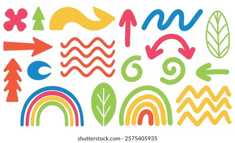 Collection of hand drawn colorful charcoal doodle shapes,rainbow, arrows,waves,leaf,zigzag symbos.vector illustration. 