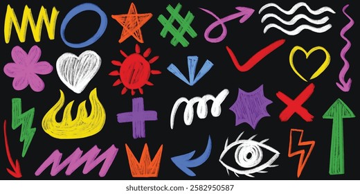 Collection of hand drawn colorful charcoal doodle shapes and squiggles in childish girly style element like crowns, hearts, stars, curls, forms, stars, eyes, arrows, brush strokes, various icons 