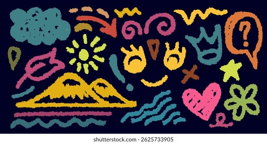 Collection of hand drawn colorful charcoal doodle shapes and squiggles in childish grunge style. Pencil drawings isolated on blue. Crown, stars, flower, heart and doodle elements.