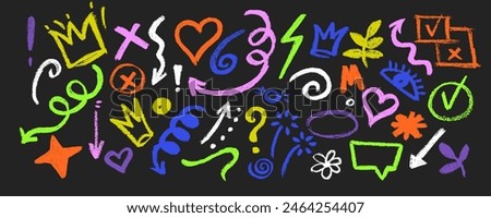 Collection of hand drawn colorful charcoal doodle shapes and squiggles in childish girly style. Pencil drawings isolated on black. Crown, stars, flower, heart and grid doodle collage elements.