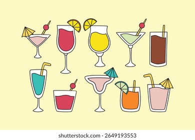 Collection of Hand Drawn Colorful Cocktail Illustrations for Drinks Menu with Outline