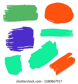 Collection Of Hand Drawn Colorful Dirty Brushes. Red Grungy Paint. Gouache Grunge Texture. Turquoise Splash Banner. Watercolor Painting. Purple Distress frame. Batik Brush.