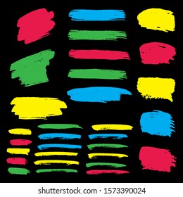Collection Of Hand Drawn Colorful Distress Brushes. Orange Grungy Paint. Acrilyc Grunge Style. Turquoise Brush Painting. Watercolor Background. Yellow Distress Logo. Brush Paint.