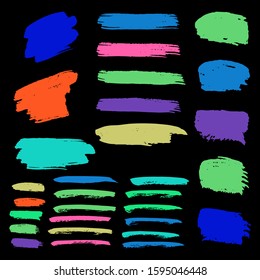 Collection Of Hand Drawn Colorful Distress Brushes. Red Grungy Paint. Watercolour Acrylic Paint. Orange Batik Brush. Watercolor Layer. Yellow Distress Logo. Brush Painting.