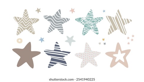 Collection of hand drawn colorful stars with different fillings and doodle shapes in childish style. Vector isolated illustration. For design, print, fabric, stickers, tattoo, embroidery,decoration