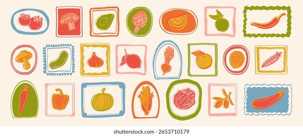 Collection of hand drawn colorful vegetables and decorative frames. Tomatoes, potato, corn, pepper, olives, avocado, pumpkin, cucumber, beet, peas. Vector.