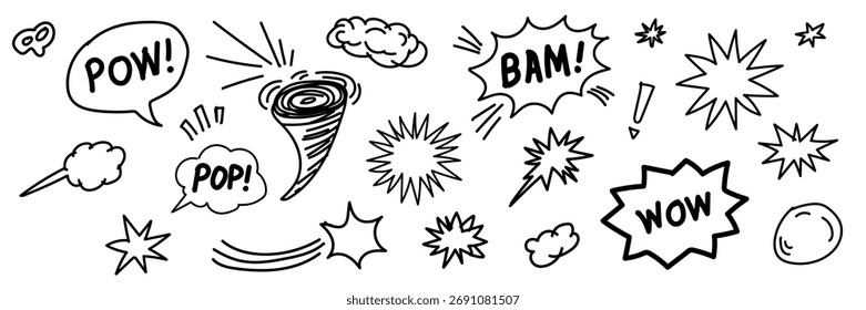 Coleção de efeitos sonoros de estilo de quadrinhos desenhados à mão e bolhas de fala com palavras de onomatopeia