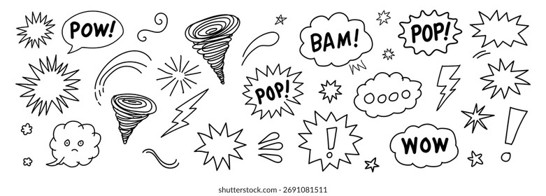 Collection of hand drawn comic book style sound effects and speech bubbles with onomatopoeia words