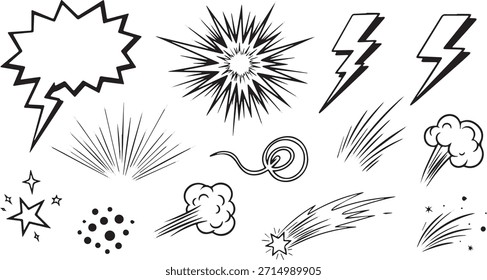 A collection of hand drawn comic book style elements including speech bubbles, explosion effects, lightning bolts, speed lines, and stars, perfect for graphic design projects.