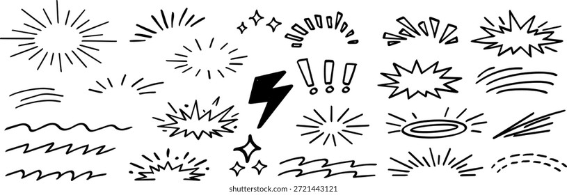 Colección dibujado a mano efectos cómicos. Doodle explosión, explosión, estallido estelar, destellos, relámpagos, bang y salpicaduras de iconos conjunto.