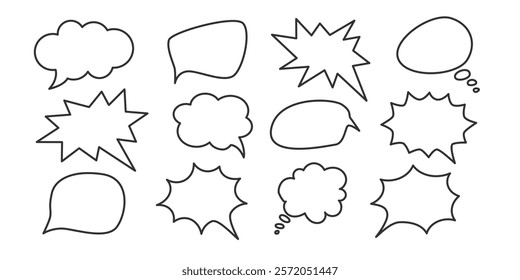 Collection of hand drawn comic speech thought bubbles. Various starburst and cloud shapes. Simple minimalist Text Balloons. Element for comics, social media, educational materials Design