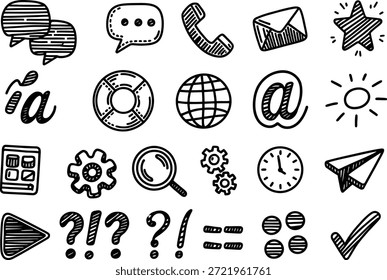 Coleção de comunicação desenhada à mão, Web, Ferramentas, Símbolo, Conjunto de vetores de ícone de doodle