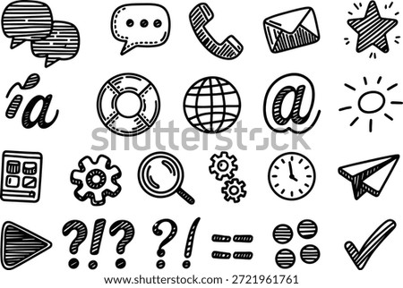 Collection of Hand Drawn Communication, Web, Tools, Symbol, Doodle Icon Vector Set