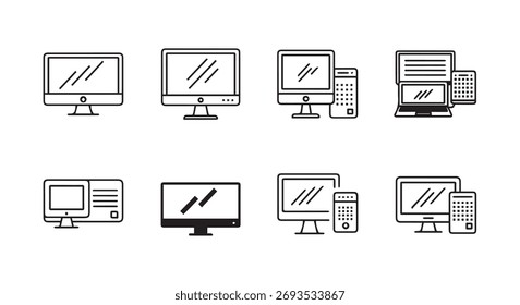 Collection of hand drawn computer monitors and desktop systems icons stylized for digital media vector