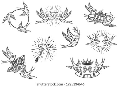 Collection of hand drawn concept with swallows isolated on white background in vintage cartoon style. Modern composition design for print, cover, card, tattoo. Vector illustration.