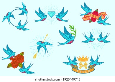 Collection of hand drawn concept with swallows isolated on white background in vintage cartoon style. Modern composition design for print, cover, card, tattoo. Vector illustration.