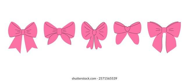 Collection Hand drawn coquette pink bows. Cute simple ribbon vector set. Vintage ribbon for gift