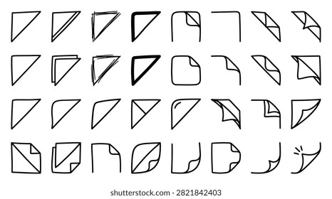 Collection of hand drawn corner page folds and paper curls for graphic design projects. Minimalist line art icons depicting various paper turn effects for website headers or document layouts. Black ink doodle illustrations of paper corners and folded edges for creative assets.